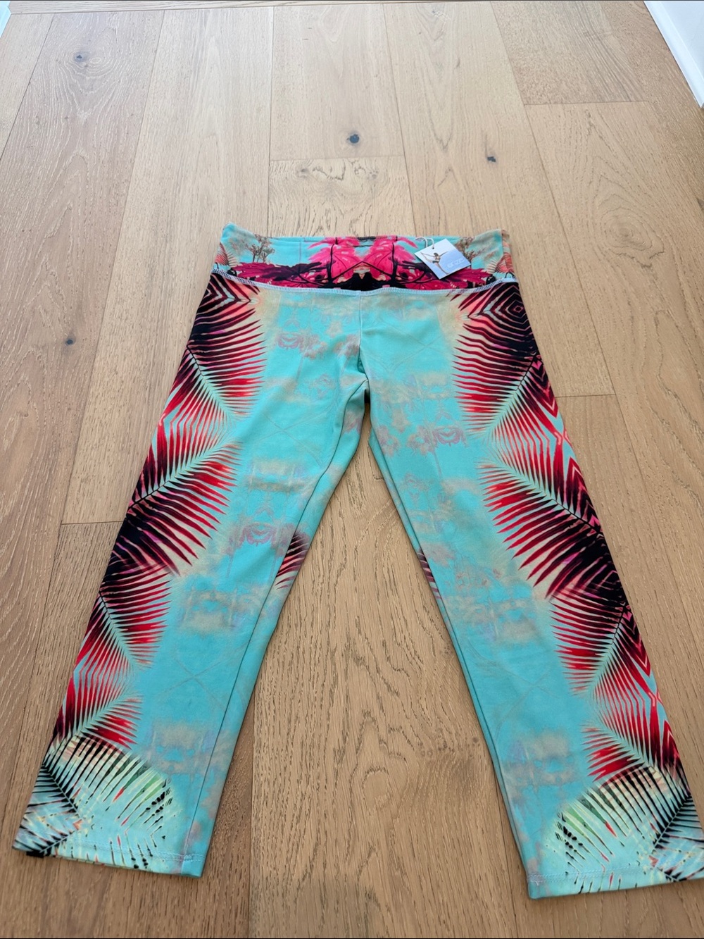Onzie Aqua and Pink Palm Capri Leggings